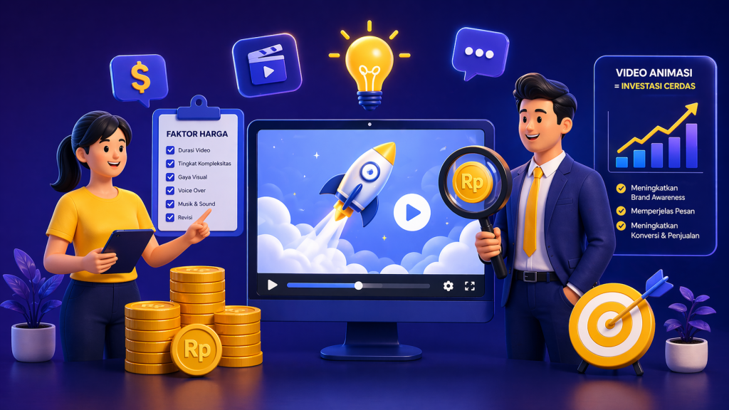 Ilustrasi faktor harga video animasi dengan elemen durasi, kompleksitas, gaya visual, dan potensi ROI bisnis