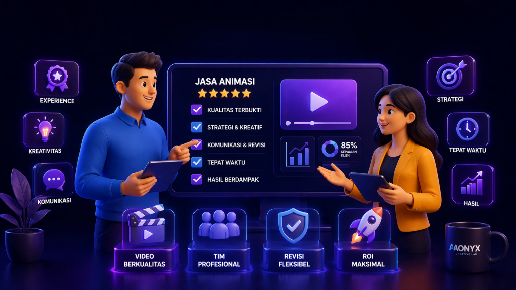 Ilustrasi 3D proses memilih jasa animasi dengan checklist kualitas, tim profesional, revisi fleksibel, dan peningkatan ROI bisnis