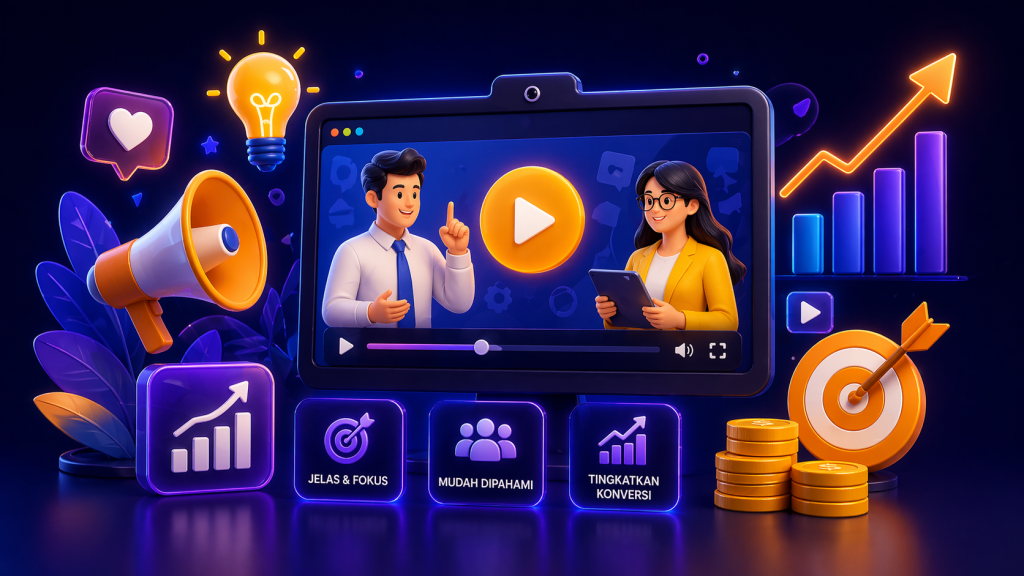 Ilustrasi explainer video animasi dengan dashboard marketing, grafik pertumbuhan, dan elemen konversi bisnis