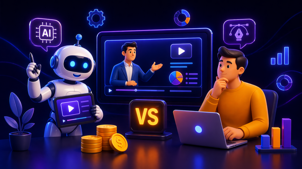 Perbandingan AI dan jasa video animasi dengan ilustrasi robot dan manusia di depan dashboard video marketing dan grafik konversi