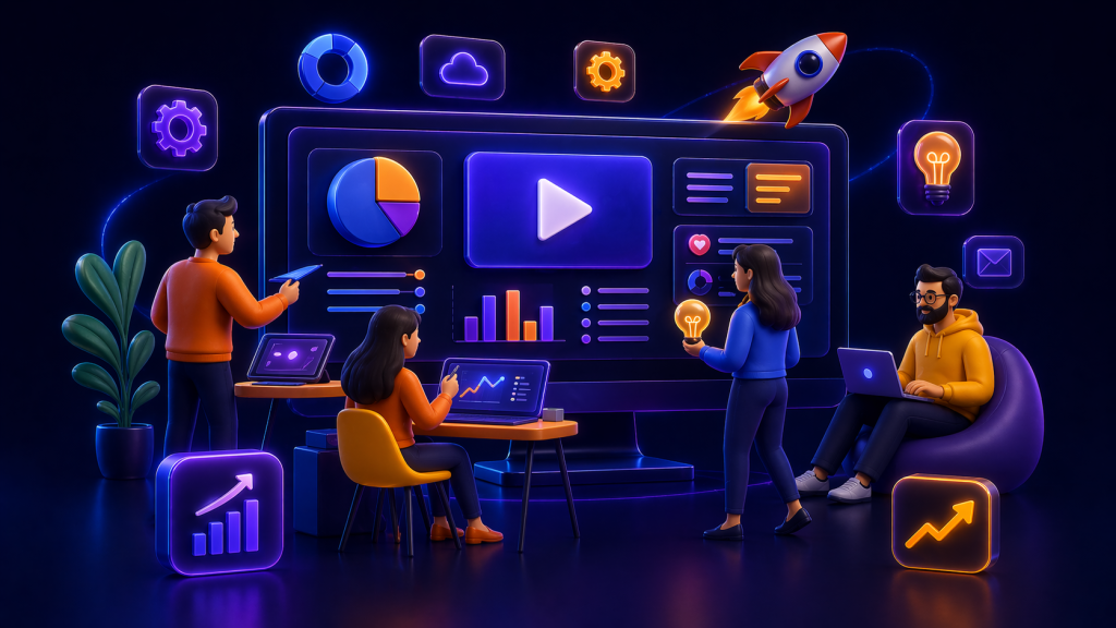Ilustrasi 3D dashboard SaaS dengan grafik analytics, tim bekerja di depan layar besar, dan elemen video marketing untuk meningkatkan konversi bisnis