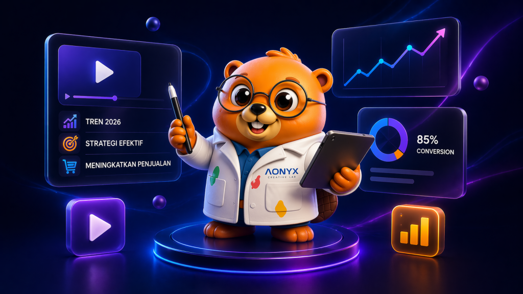 ilustrasi video marketing untuk bisnis dengan mascot 3D dan dashboard analytics modern