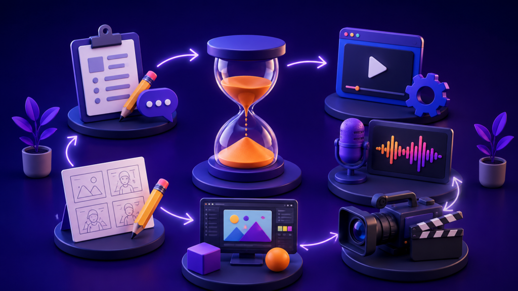 ilustrasi workflow dan durasi proses pembuatan video animasi dengan elemen storyboard, editing, audio, dan motion graphics