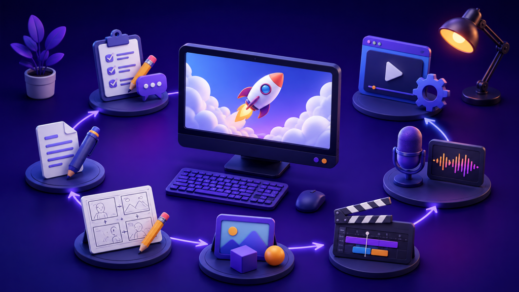 ilustrasi workflow proses pembuatan video animasi dengan storyboard, editing, voice over, dan motion graphics