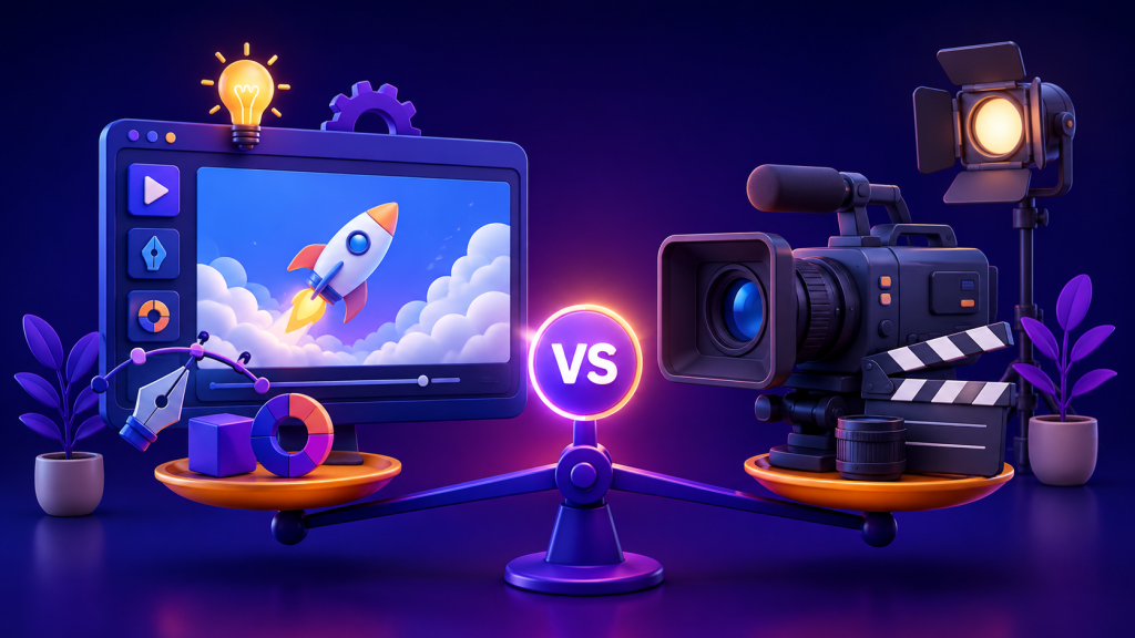 ilustrasi perbandingan video animasi dan video shooting dengan elemen motion graphics dan kamera produksi