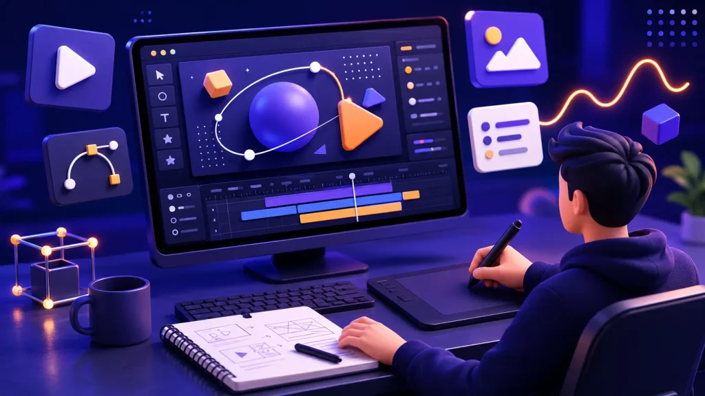 ilustrasi motion graphics modern dengan editing timeline, UI animation, dan visual communication untuk bisnis