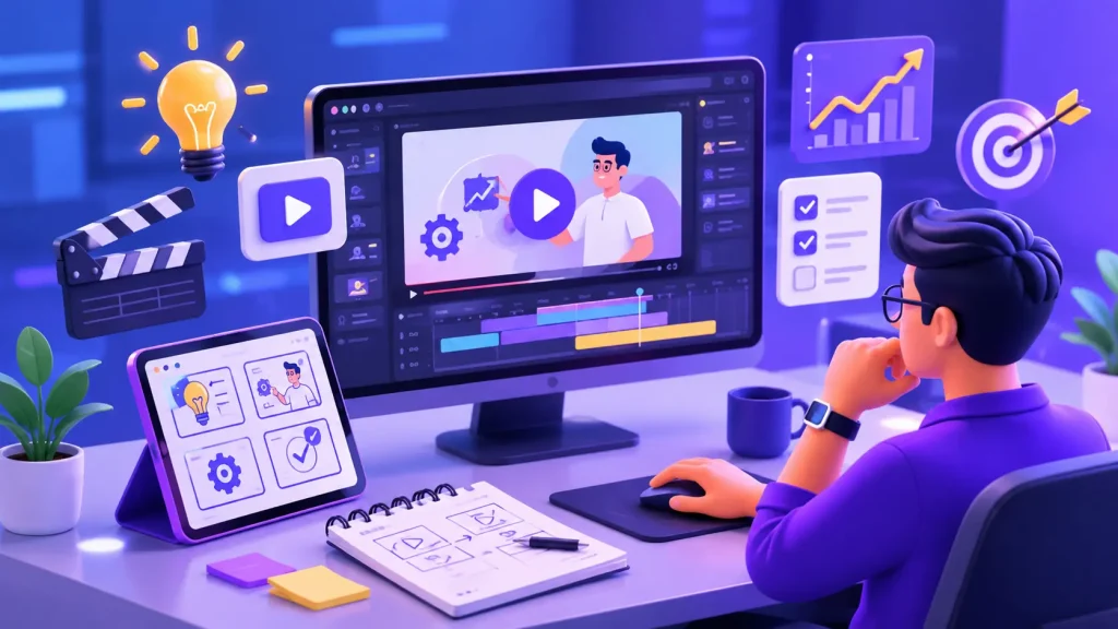 ilustrasi proses pembuatan explainer video untuk bisnis dengan storyboard, editing video, dan motion graphics modern