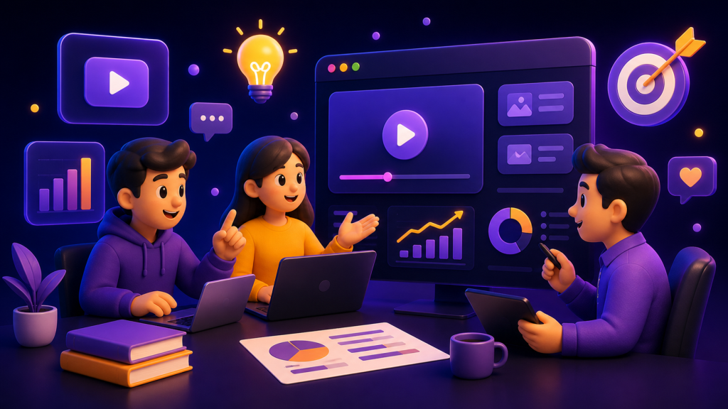 ilustrasi tim marketing animasi sedang berdiskusi strategi video marketing dengan tampilan dashboard digital