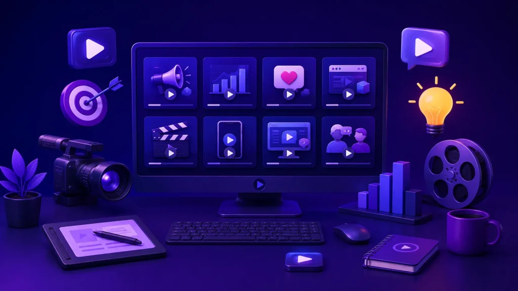 Ilustrasi berbagai jenis video marketing untuk bisnis dalam tampilan futuristik neon