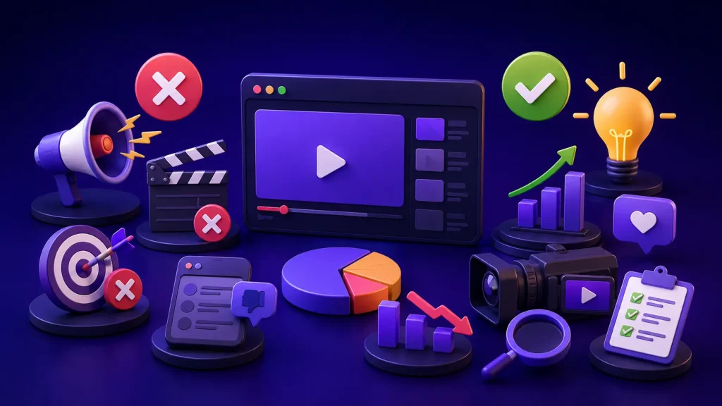 ilustrasi kesalahan video marketing dan strategi optimasi konten video untuk bisnis dengan dashboard analytics dan media digital