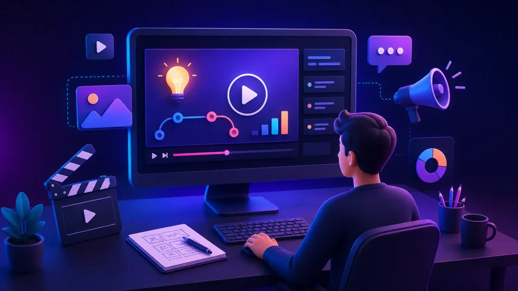 Alt Text: Ilustrasi explainer video untuk bisnis dengan elemen motion graphics futuristik