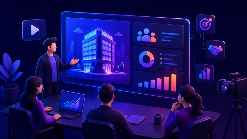 Ilustrasi company profile video untuk bisnis dalam gaya futuristik