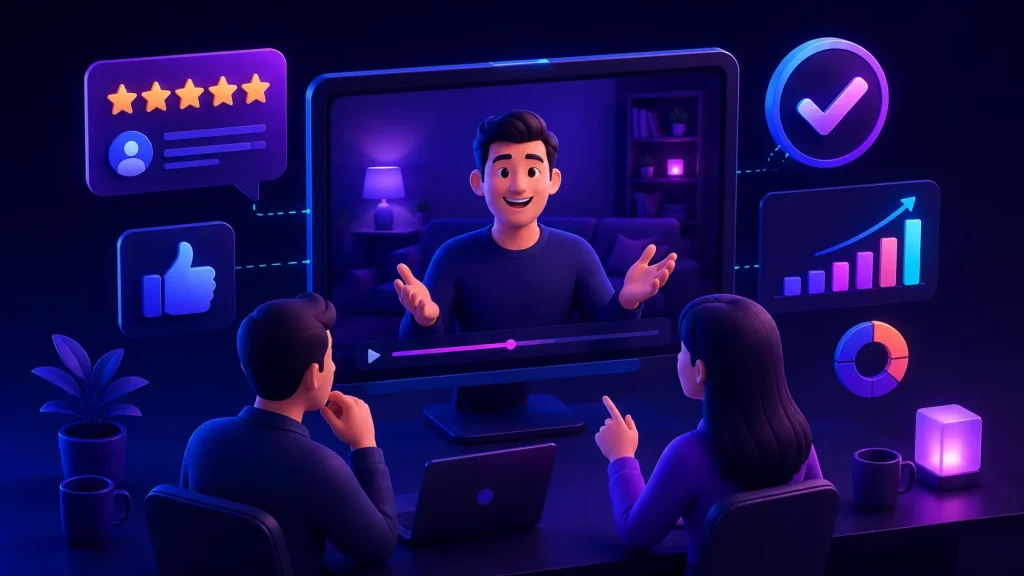 Alt Text: Ilustrasi video testimonial pelanggan untuk bisnis