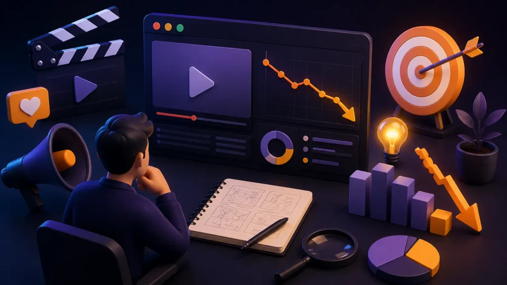 ilustrasi penyebab video marketing tidak menghasilkan penjualan dengan dashboard analitik dan strategi pemasaran digital